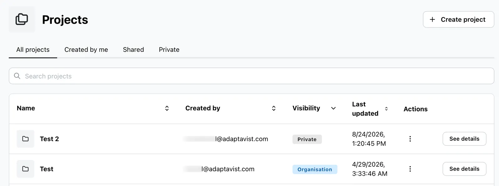 Projects page showing the list of existing projects and the option to create a new project in the left-hand navigation