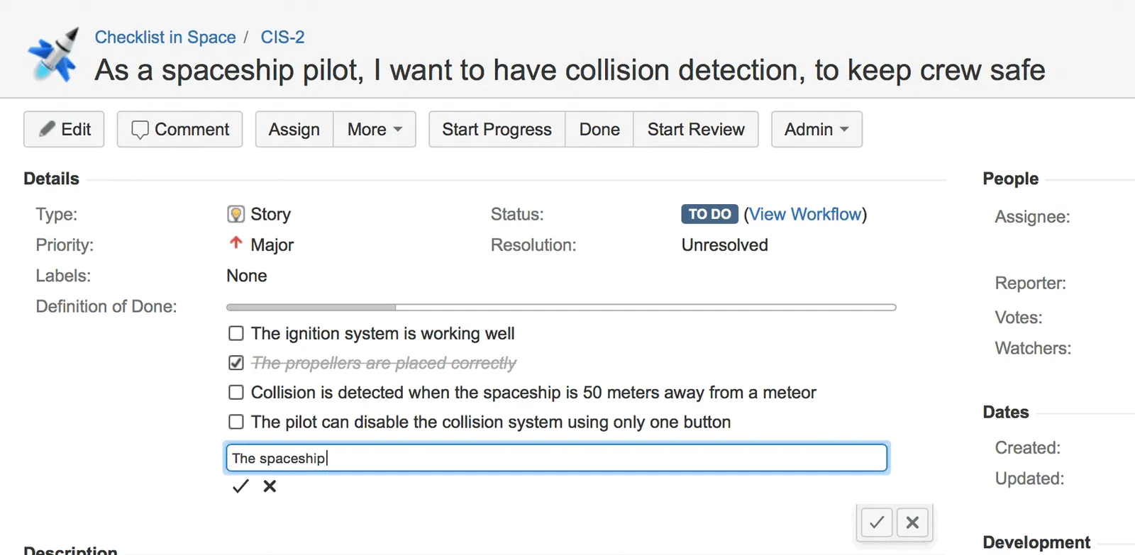 Inline editing of a checklist custom field in an issue, with one item highlighted for editing.