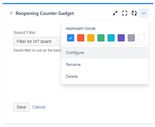 Dashboard gadget configuration dialog showing filter options for the Reopening Counter gadget