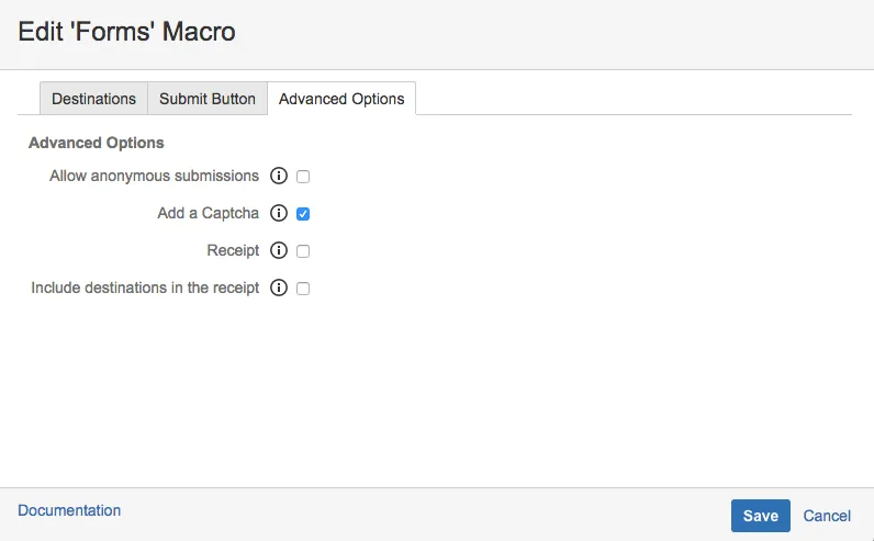 Forms macro configuration screen, Advanced Options tab, showing the Add a Captcha checkbox selected.