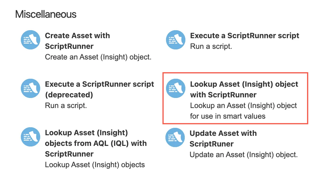 Automation for Jira rule configuration interface showing Miscellaneous section with Lookup Asset (Insight) object with ScriptRunner action selected