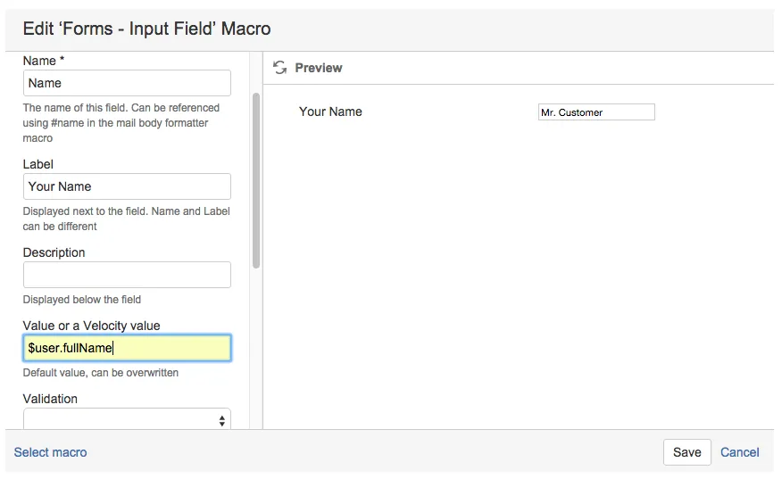 Forms Input Field macro configuration showing the Name field using a velocity value to capture the user’s full name from their Confluence account