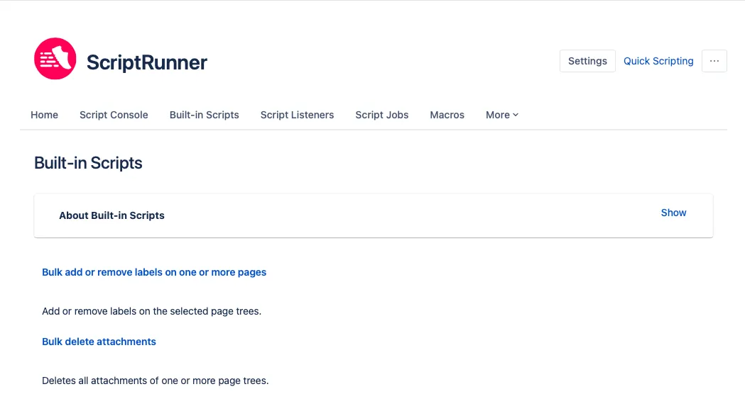 The ScriptRunner Built-in Scripts screen.