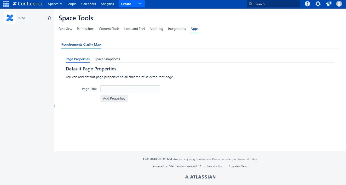 Confluence Space Tools Apps page with the Requirements Clarity Map app highlighted and its configuration options visible in the Apps section