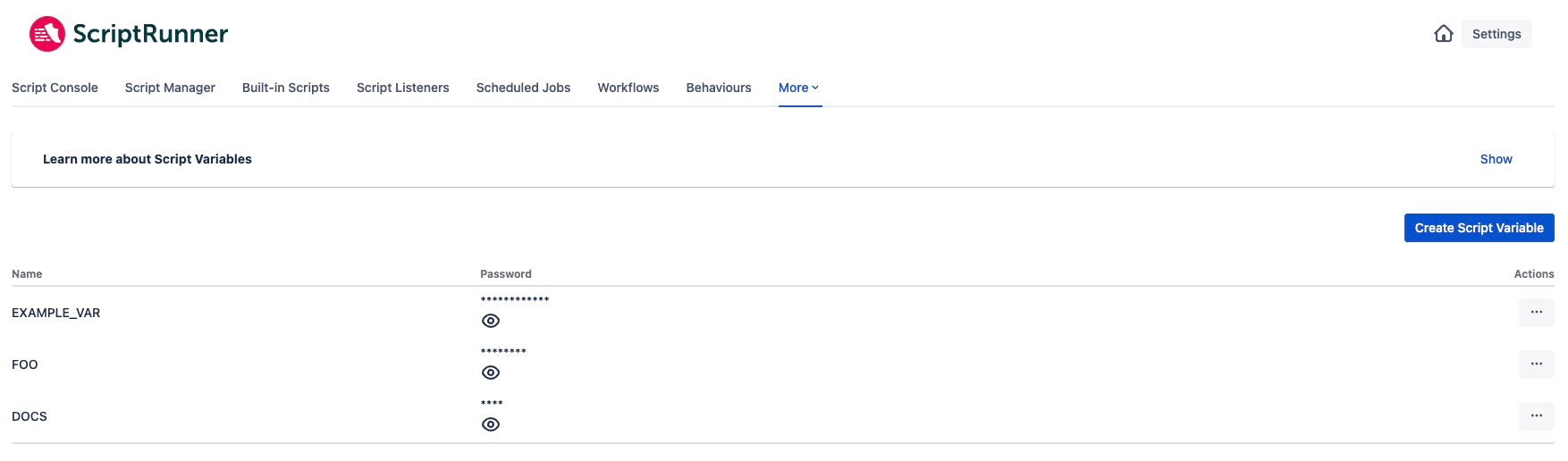 Create Script Variables page showing a list of saved script variables and their details.