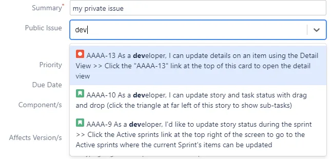 Example of using the remote issue picker field to select a linked issue