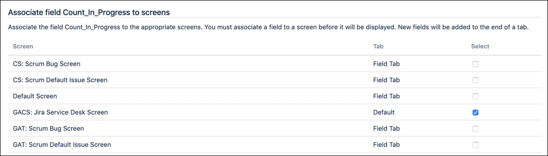 Associate to screens dialog showing Jira Service Desk Screen selected for the project