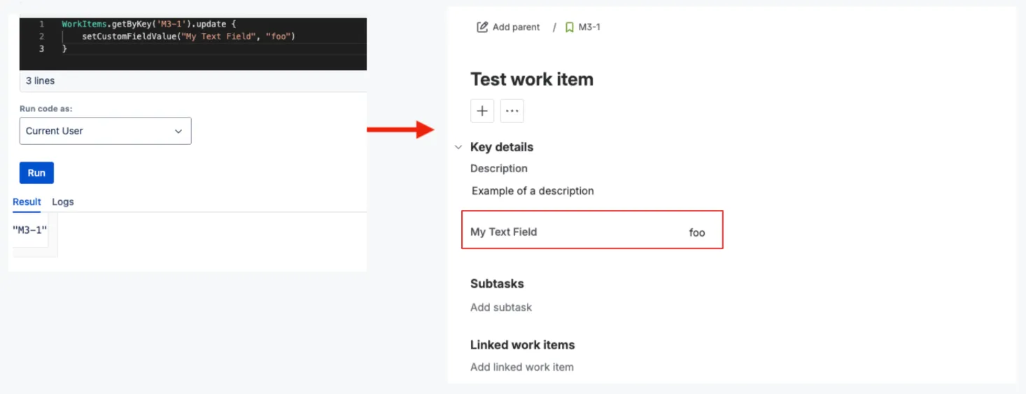 Example of updating a work item text field using custom field values