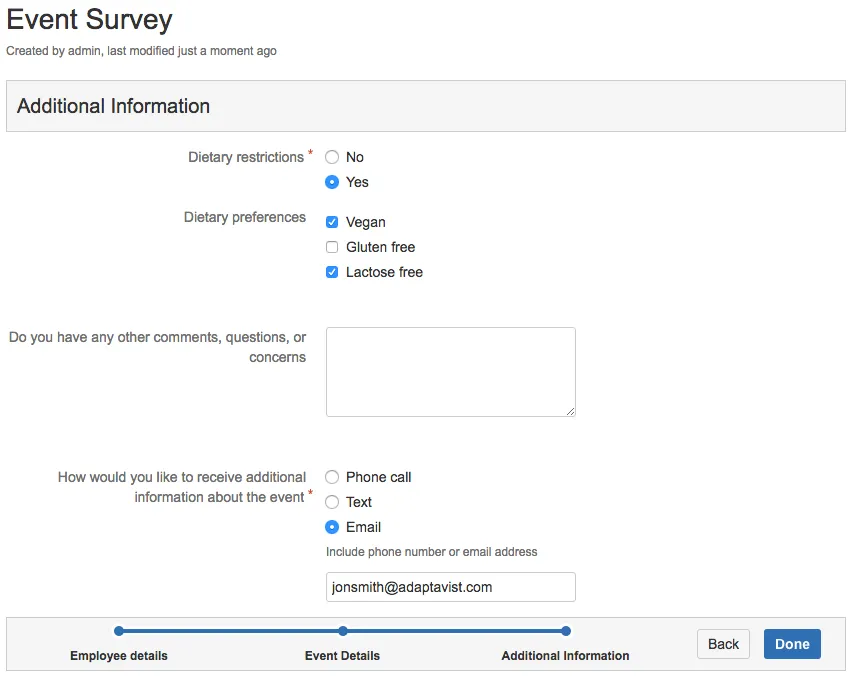 Third page of the Event Survey form in Confluence showing additional information and comments fields.