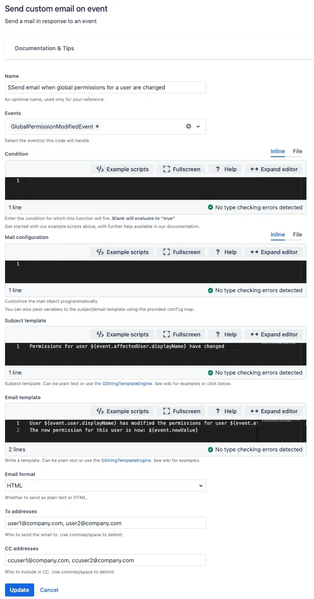 Email notification template for modified global permissions showing updated highest permission for a user