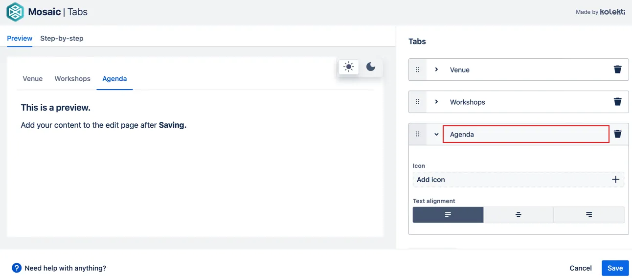 Tab editor showing the name field highlighted for renaming a tab