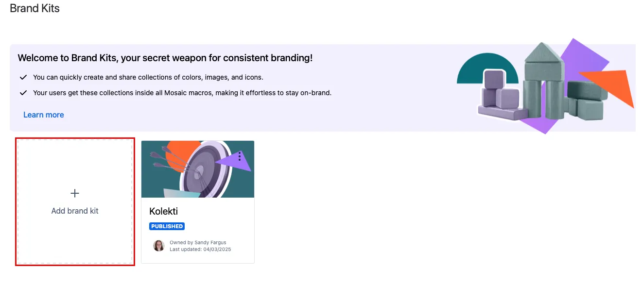 Create brand kit homepage with Add brand kit option.