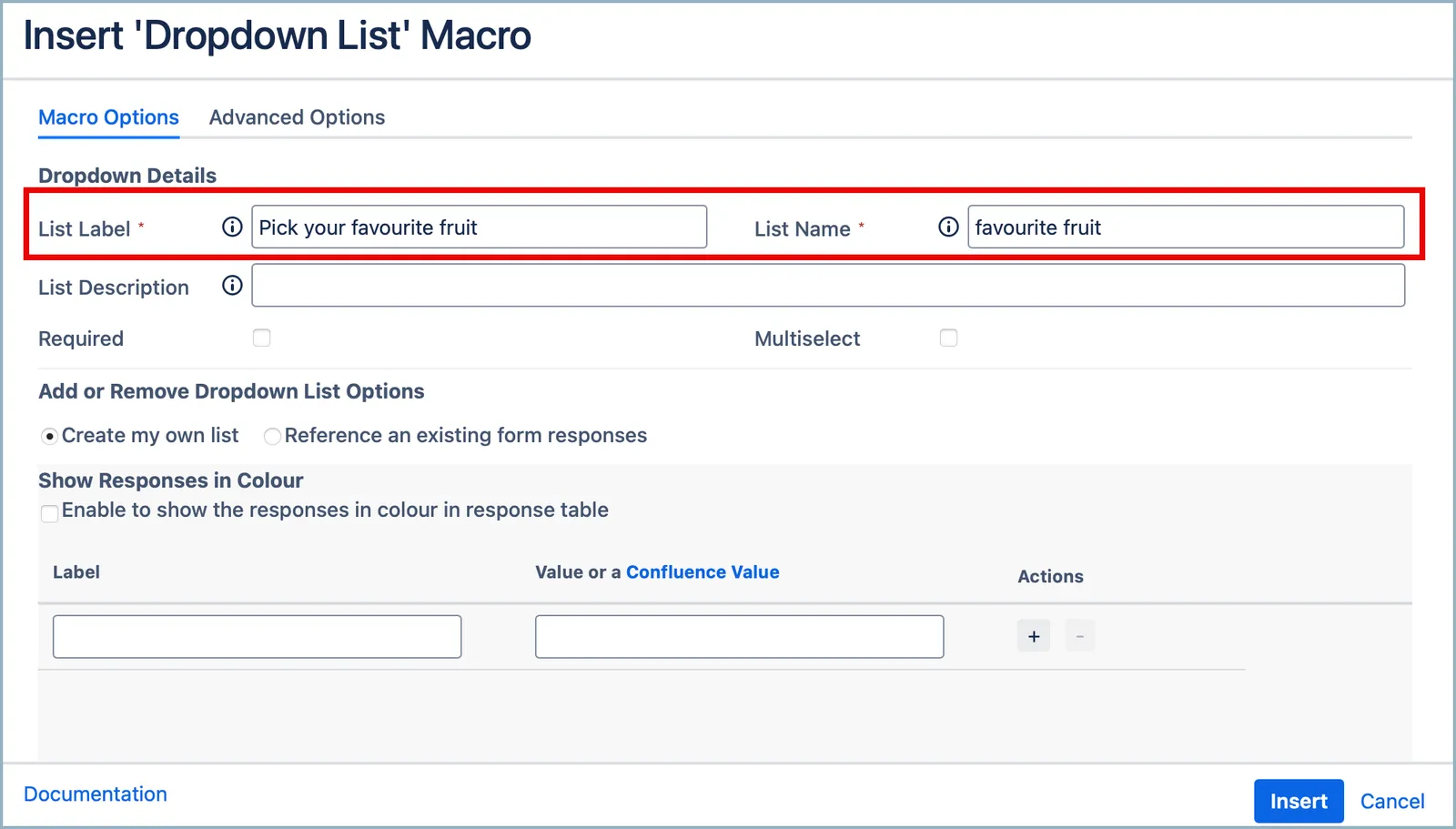 Form preview showing a dropdown list field with its label displayed next to the options