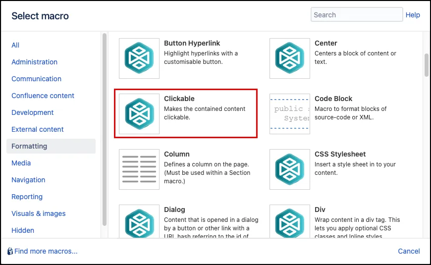 Macro Browser showing the Clickable macro selected