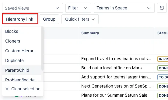 A screenshot showing the hierarchy link dropdown.