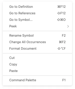 Context menu with text editing commands like Go to Definition, Peek, Format Document, and Paste.