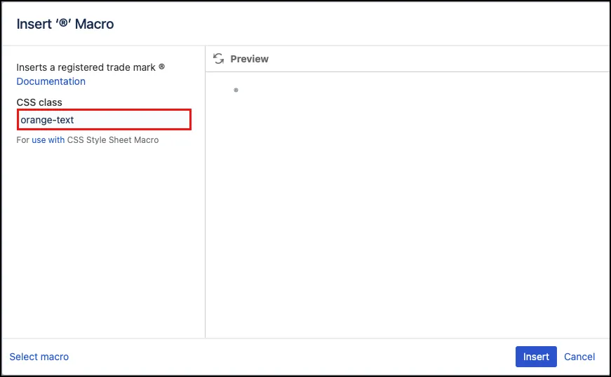 Registered Trademark macro dialog showing CSS Class field set to orange-text