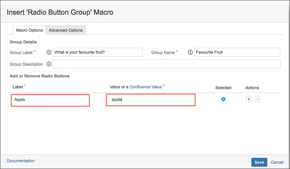 Radio Button Group macro configuration showing the Label and Value fields for a single radio button option