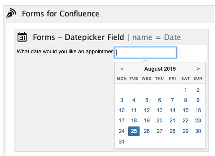 Graphical placeholder of the Forms - Datepicker Field macro in the Confluence editor