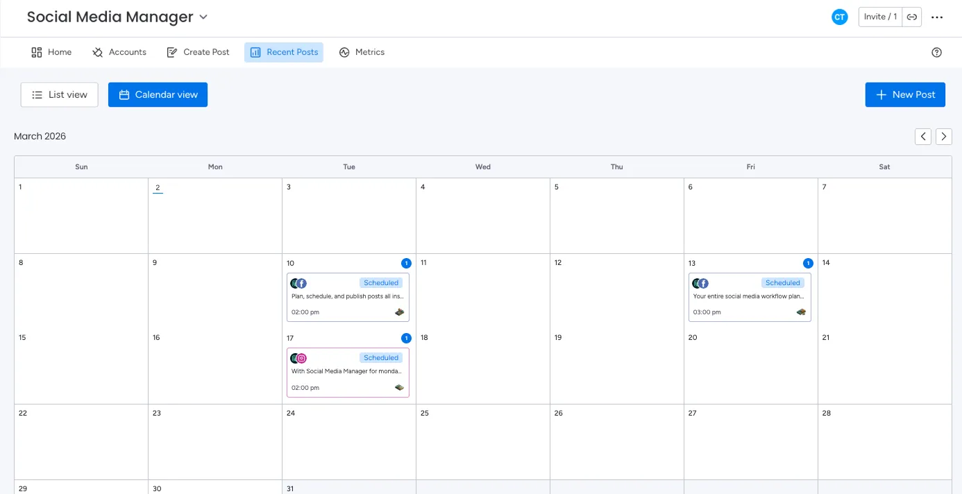 Screenshot of the Recent Posts Calendar View showing a monthly calendar with scheduled and published social media posts on each day, including platform icons, post status, and time details.