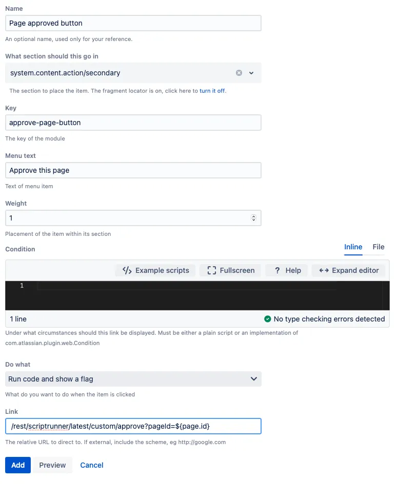 A Web Item form with example configuration.