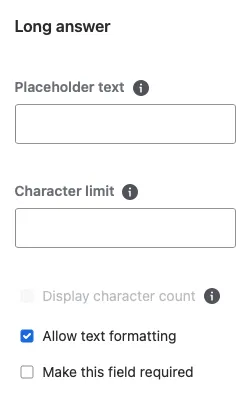 Form Builder interface showing the Make this field required checkbox selected for a Long answer question.