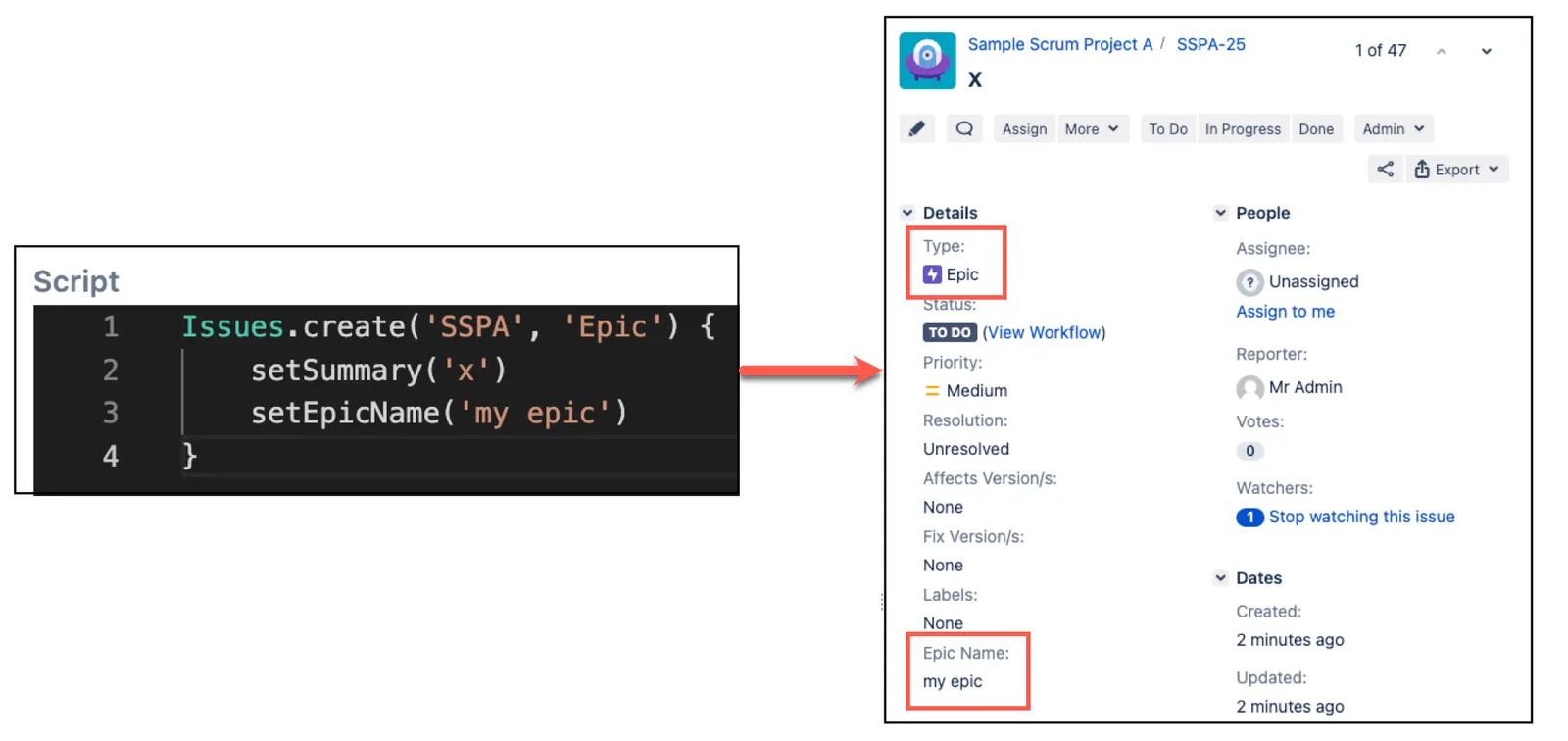 Example of creating an epic using the Issues.create Groovy script