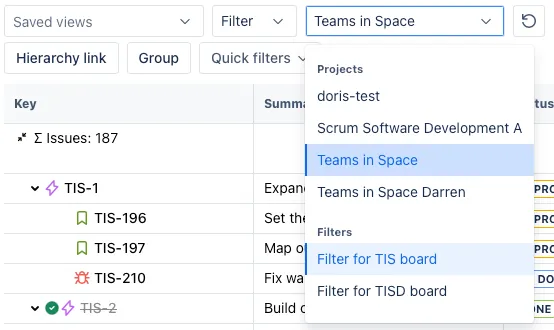 A screenshot showing the Search for projects or filters dropdown.