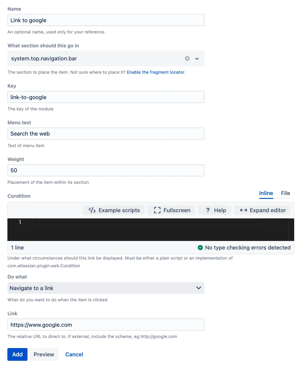 Web item configuration form showing fields for creating a Google link in the navigation bar