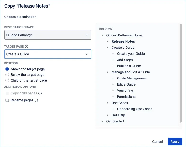 Copy dialog box showing destination space, target page, position options, and page preview