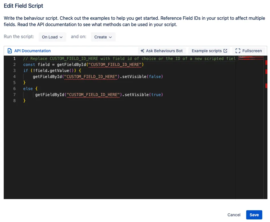 The Edit Field Script window showing the code editor, script details, and options such as Fullscreen and Exit Fullscreen