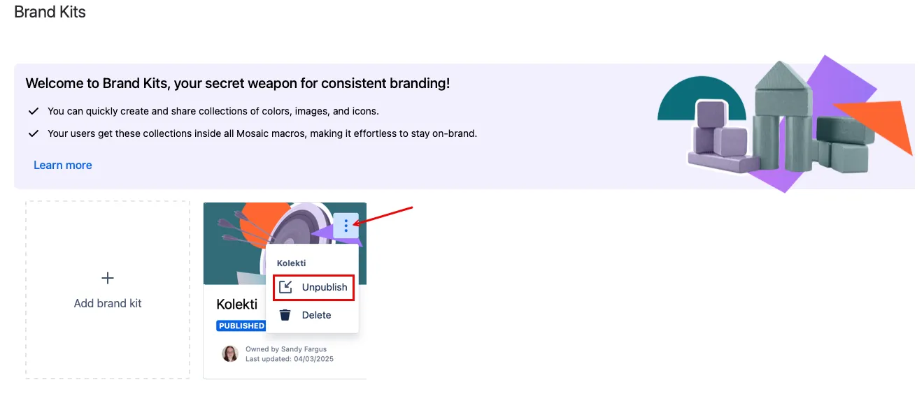 Unpublish kit option in Brand Kit page.