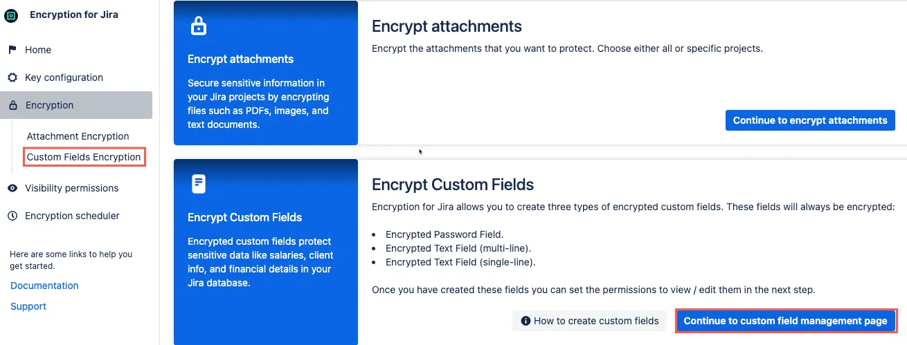 Encryption screen showing the Encrypt Custom Fields section with the Continue to custom field management page button highlighted