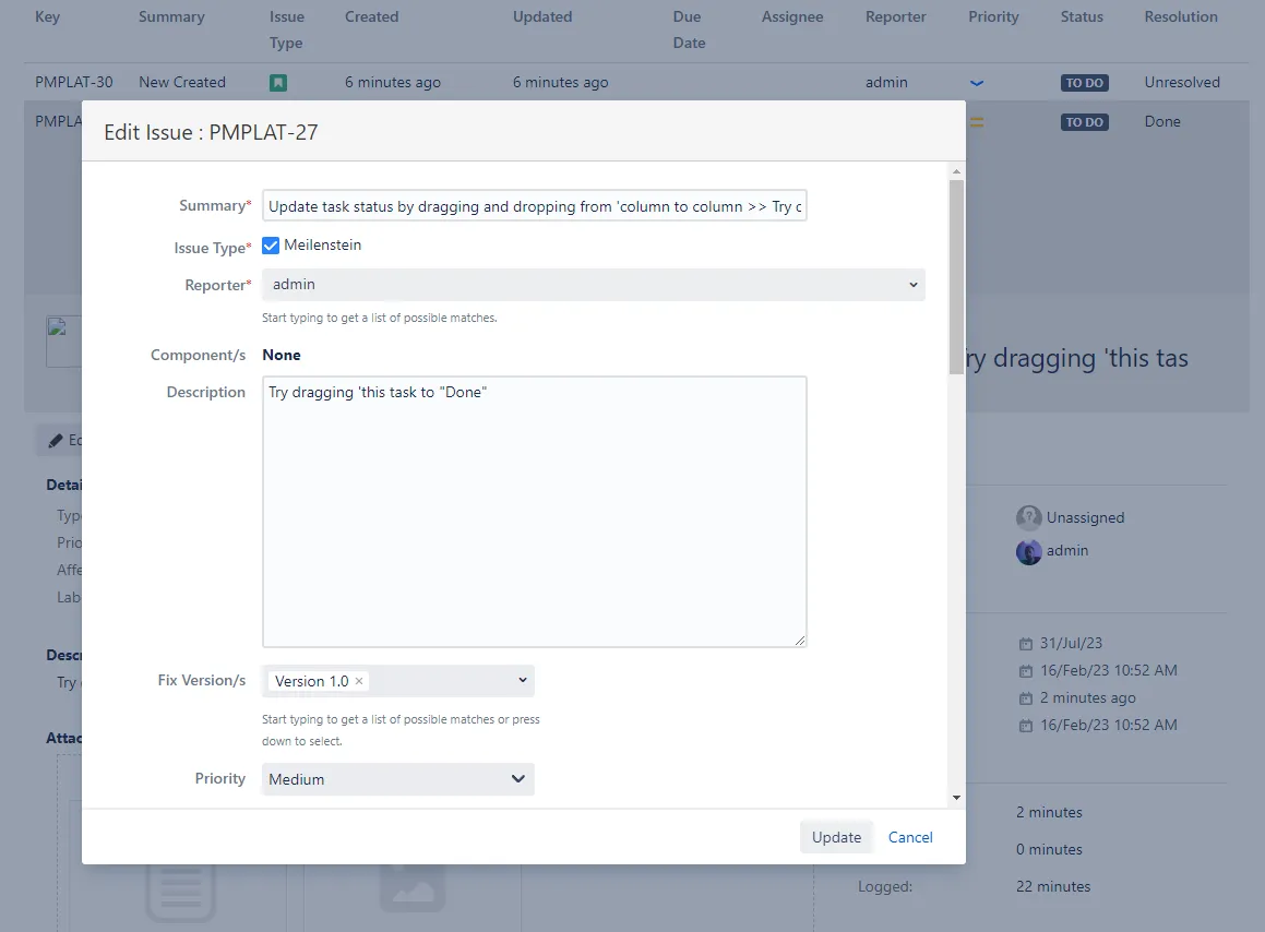 TMC List macro edit dialog in Confluence showing fields and options for updating a Jira issue