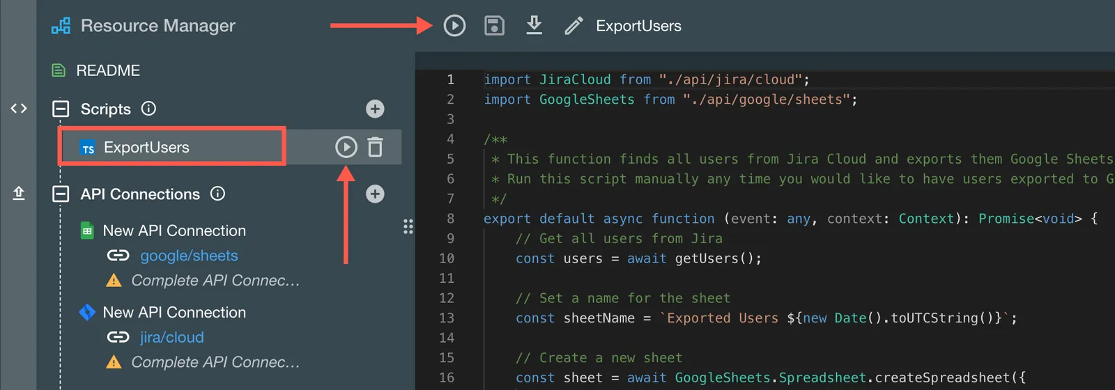 The ExportUsers script and the Run option shown in the Resource Manger.