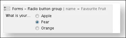 Confluence page editor showing the saved Forms - Radio Button Group macro as a graphical placeholder