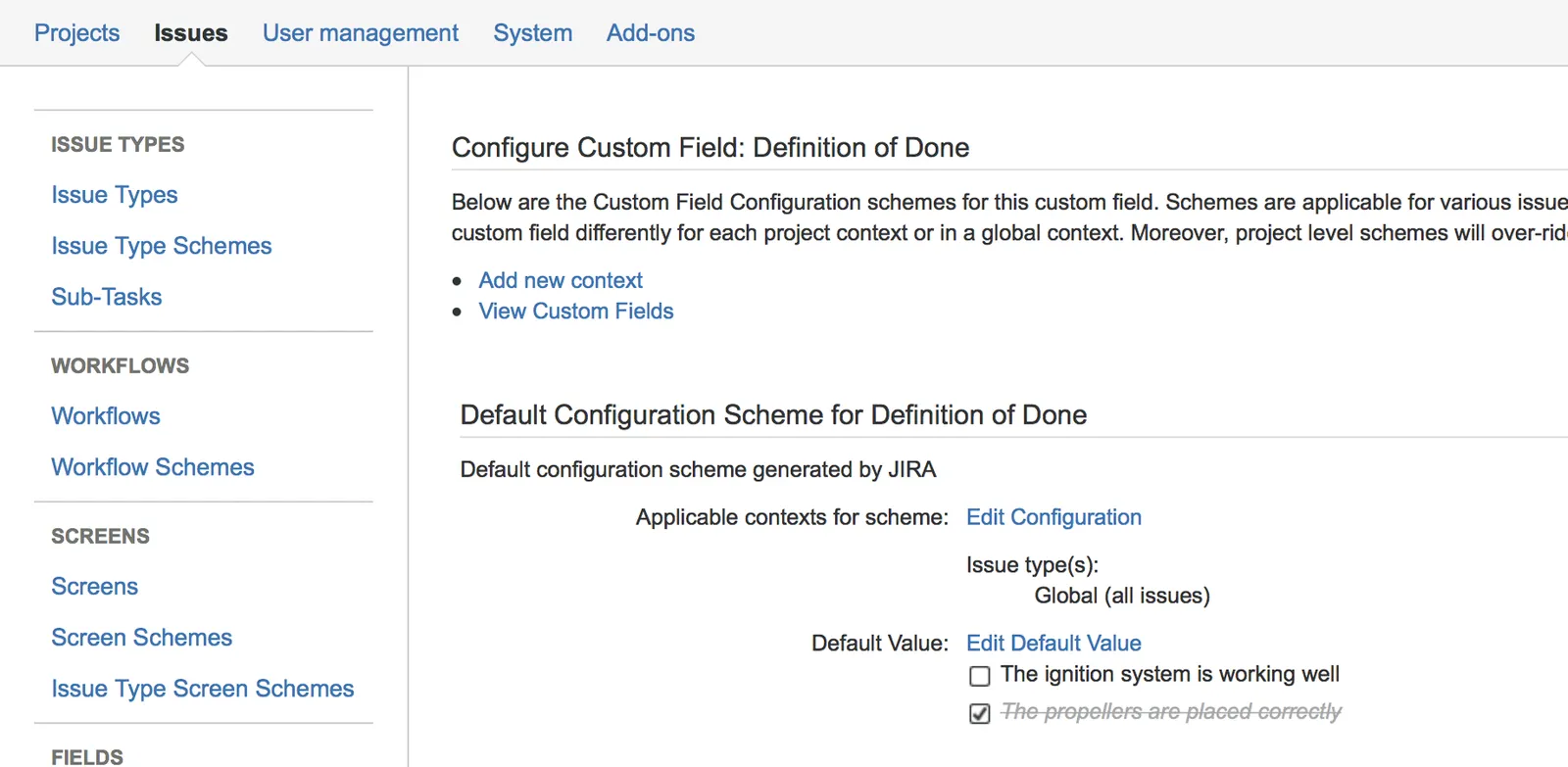 Checklist Custom Field configuration screen with the Edit Default Value option highlighted