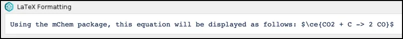 LaTeX code example using the mhChem package to format a chemical equation