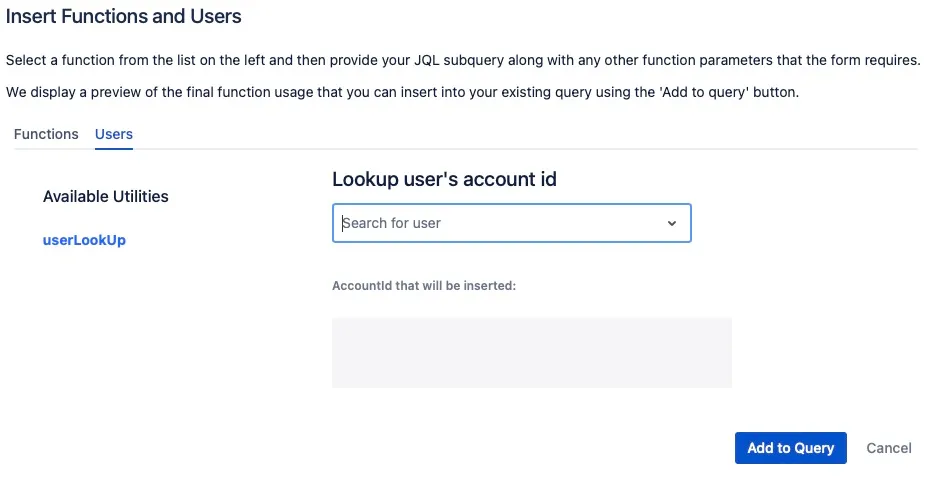 Insert Functions and Users screen showing the Users tab with a selected user and Add to query button