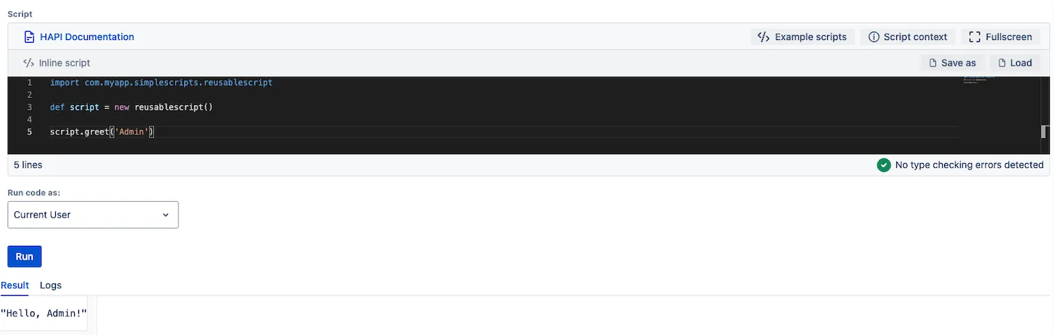 The example script in the Script Manager with the result shown.