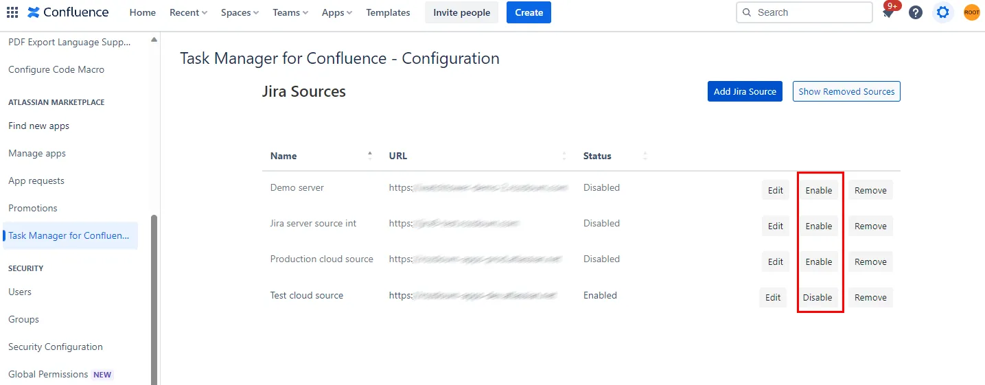 Configuration page showing a disabled source with the Enable button highlighted