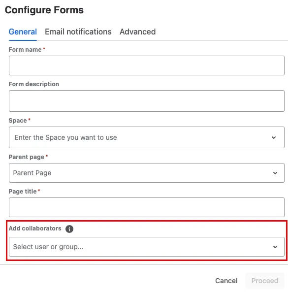 Form Configuration window showing the Collaborators section with a dropdown for selecting users or groups to add as collaborators to the form.