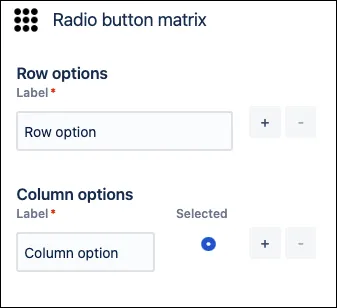 Radio matrix configuration dialog showing row and column options with add and remove controls