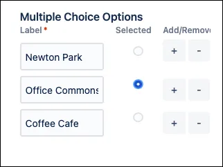 Confluence form editor showing the Selected radio button chosen for the Office Commonspace option