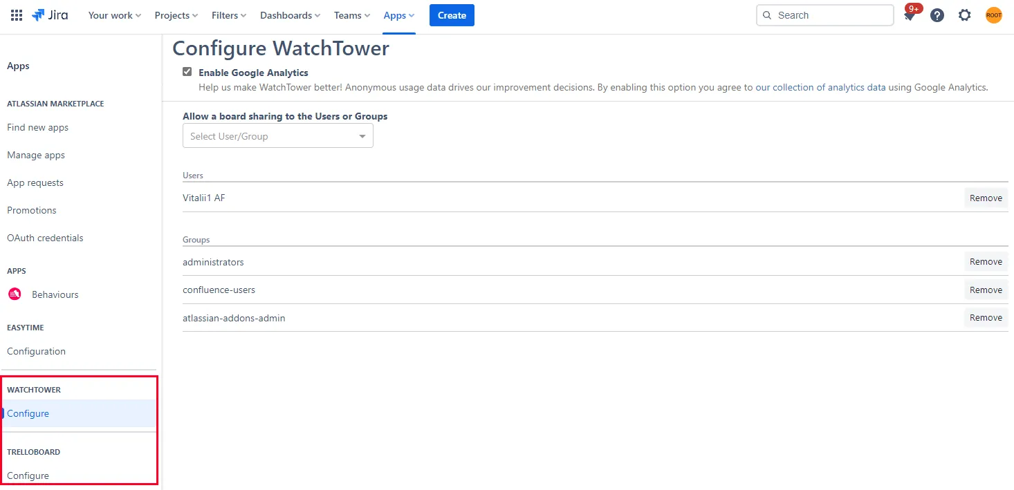 Image of the Configure WatchTower screen