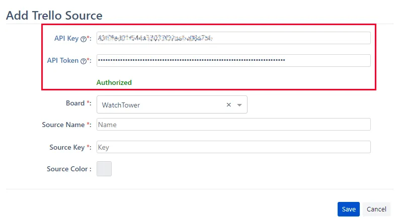 Image ot the Add Trello Source screen with API Key and Token highlighted