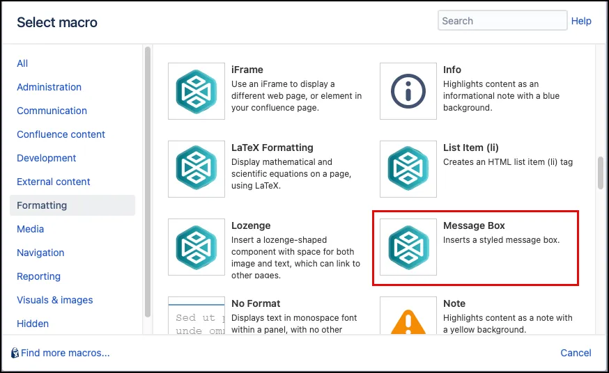Macro Browser showing the Message Box macro selected