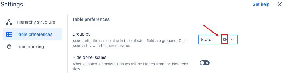 A screenshot showing the X button that you need to click to remove grouping.