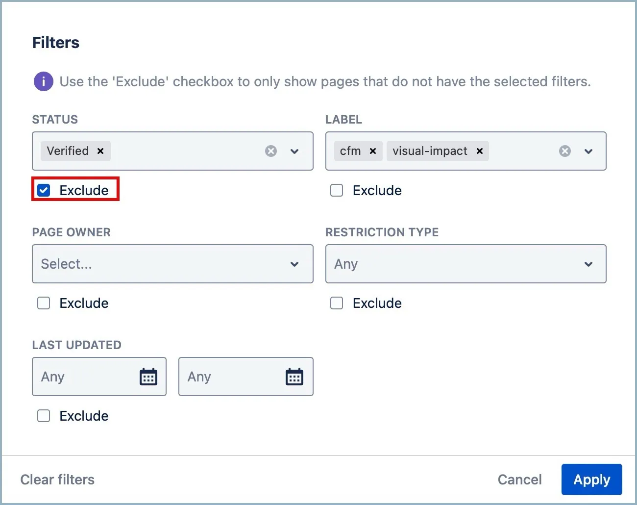 Filter panel showing selected labels and statuses used to exclude pages from the feature page