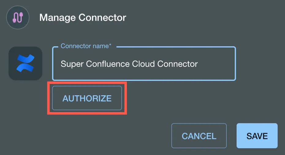 The Authorize button highlighted in the Manage Connector screen.